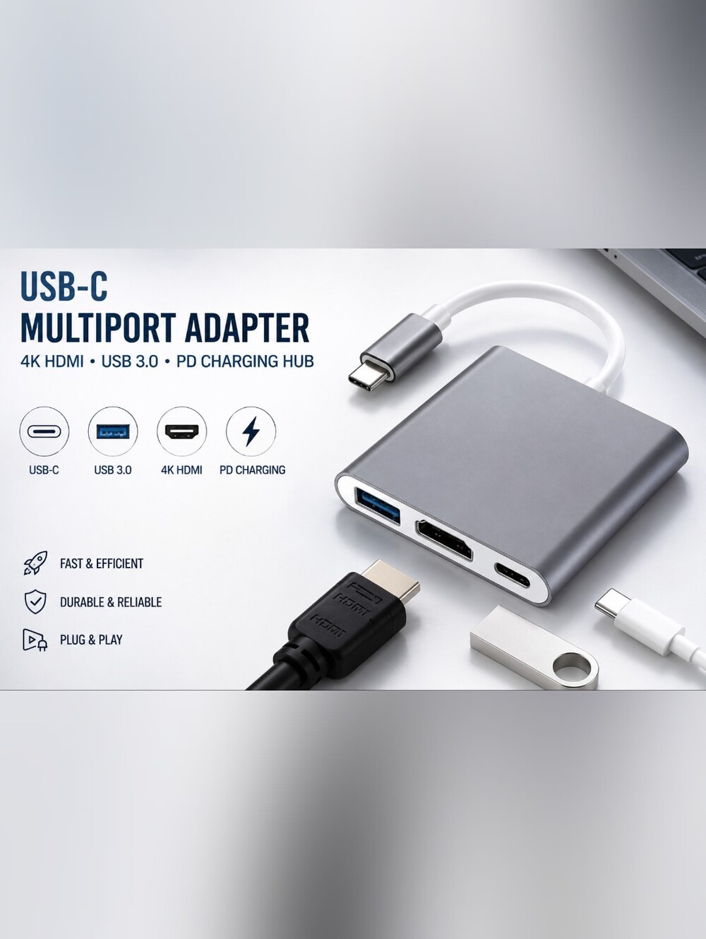 USB-C Multiport Adapter 4K HDMI USB 3.0 PD Charging Hub (New)